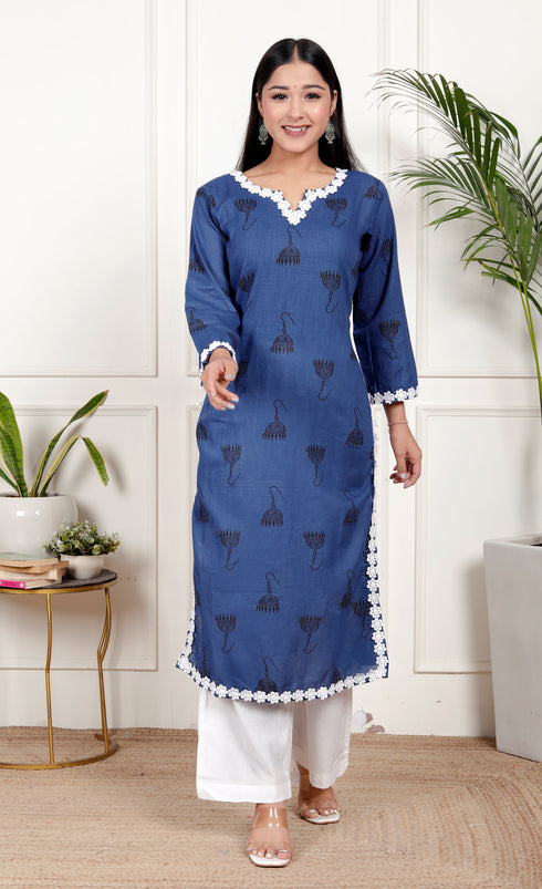 Blue Cotton Kurta with Lace