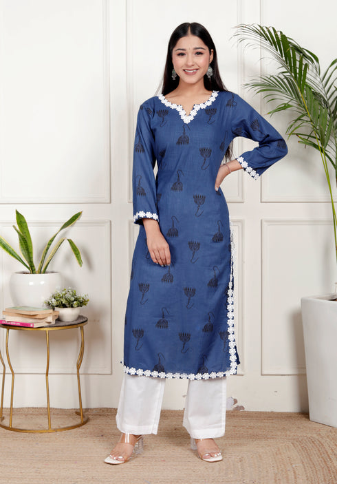 Blue Cotton Kurta with Lace