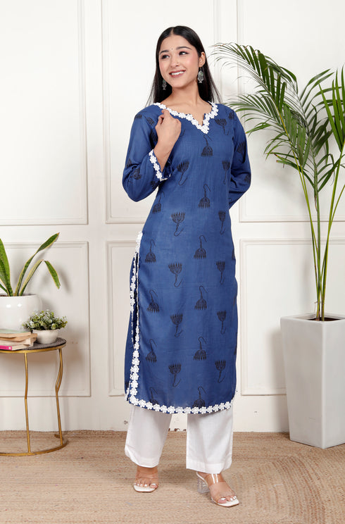 Blue Cotton Kurta with Lace
