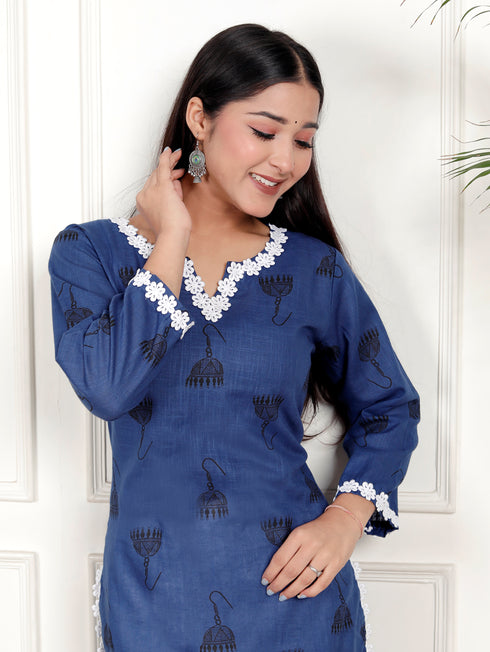 Blue Cotton Kurta with Lace