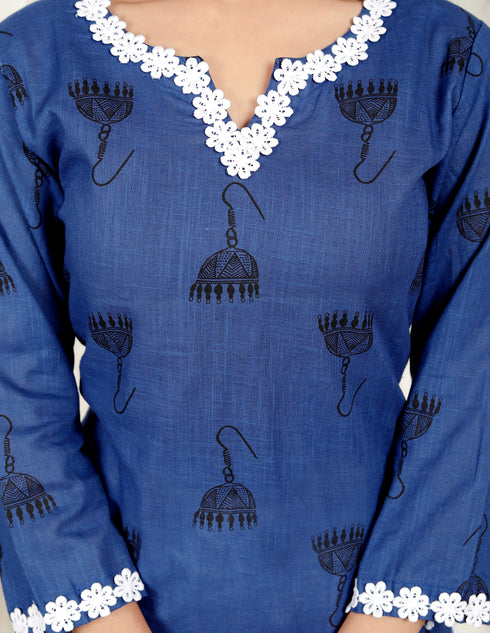 Blue Cotton Kurta with Lace
