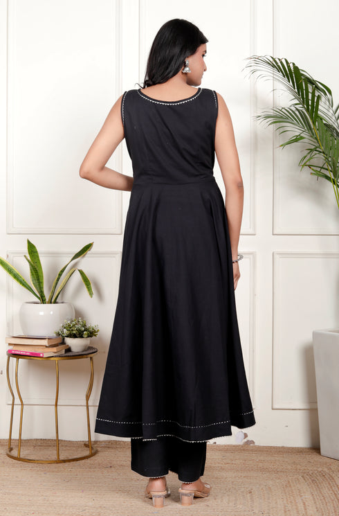 Elegant Black Cotton Flared Kurta with Printed Dupatta