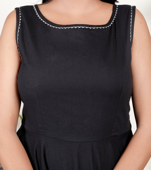 Elegant Black Cotton Flared Kurta with Printed Dupatta