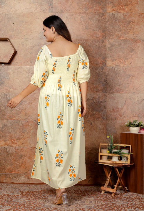 Yellow Block Print Smocked Dress – Cotton Comfort