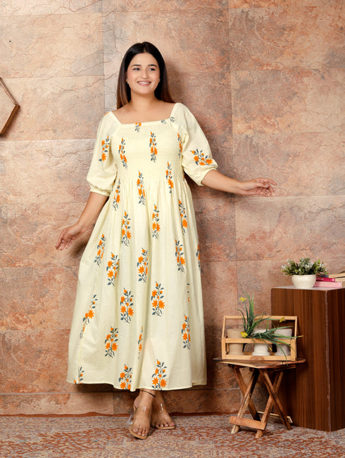 Yellow Block Print Smocked Dress – Cotton Comfort